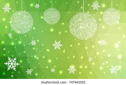 Light Green Yellow vector low poly crystal background with snowflakes. Polygon christmas design pattern . Low poly illustration of New Year celebration.