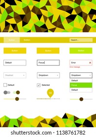 Light Green, Yellow vector Material Design Kit with lines. Colorful ui/ux kit with header consisted of triangles. This template you can use for websites.