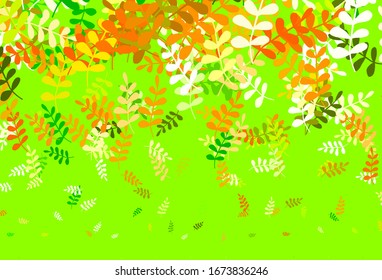 Hellgrüner, gelber Vektorillustration-Naturhintergrund mit Blättern. Abstrakte Illustration mit Doodles und Blättern. Farbiges Muster für Kinderbücher.