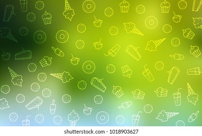 Light Green, Yellow vector pattern with delicious cookies. Illustration with set of sweet food in doodle style. Design for ad, poster, banner of cafes or restaurants.