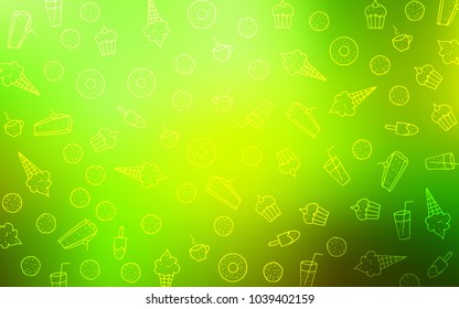 Light Green, Yellow vector pattern with delicious cookies. Illustration with set of sweet food in doodle style. Pattern for ad, booklets, leaflets of restaurants.