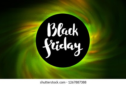 Light Green, Yellow vector pattern with a black hole, stars. Gradient colorful illustration with a black hole, stars. Black Friday design for ads, commercials.