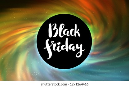 Light Green, Yellow vector pattern with a black hole, stars. Abstract illustration with glitter colorful cosmic stars. Template for Black Friday sales.