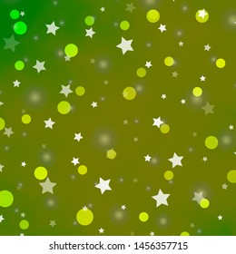 Light Green, Yellow vector pattern with circles, stars. Abstract design in gradient style with bubbles, stars. Pattern for design of fabric, wallpapers.
