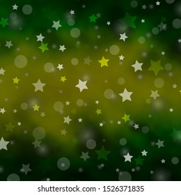 Light Green, Yellow vector pattern with circles, stars. Abstract illustration with colorful spots, stars. Pattern for trendy fabric, wallpapers.