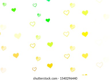 Light Green, Yellow vector pattern with colorful hearts. Decorative shining illustration with hearts on abstract template. Pattern for marriage gifts, congratulations.