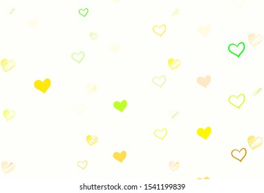 Light Green, Yellow vector pattern with colorful hearts. Decorative shining illustration with hearts on abstract template. Pattern for marriage gifts, congratulations.