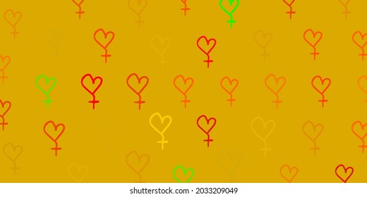 Light Green, Yellow vector pattern with feminism elements. Illustration with signs of women strength and power. Background for International Women Day.