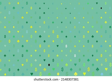 Light green, yellow vector pattern with symbol of cards. Illustration with set of hearts, spades, clubs, diamonds. Smart design for your business advert of casinos.