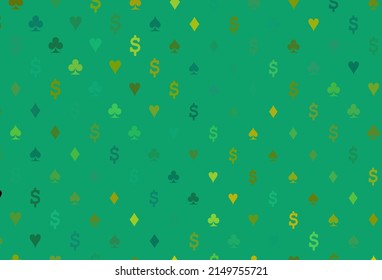 Light green, yellow vector pattern with symbol of cards. Blurred decorative design of hearts, spades, clubs, diamonds. Pattern for booklets, leaflets of gambling houses.
