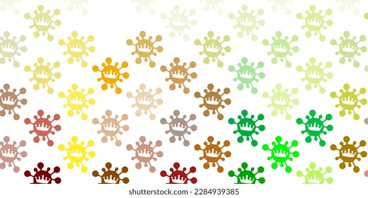 Patrón vectorial amarillo verde claro con elementos coronavirus. Ilustración inteligente con signos cómodos en estilo decorativo. Diseño para la alerta de riesgo biológico.