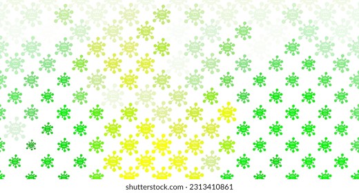 Patrón vectorial amarillo verde claro con elementos coronavirus. Ilustración inteligente con signos cómodos en estilo decorativo. Diseño simple contra la información epidémica.