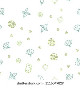 Light Green, Yellow vector seamless pattern with fresh ingredients. Blurred decorative design of snacks in doodle style. Pattern for ad, booklets, leaflets of restaurants.