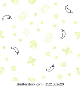 Light Green, Yellow vector seamless cover with cuisine gourmet. Illustration with set of fresh food in doodle style. Template for meal cooking in kitchen.