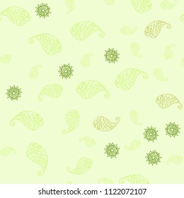 Light Green, Yellow vector seamless elegant background with leaves and flowers. Decorative design in Indian style on white background. The best blurred design for your business.