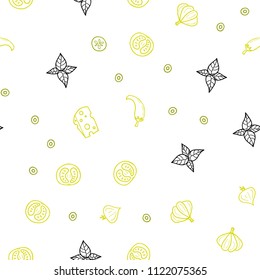 Light Green, Yellow vector seamless pattern with fresh ingredients. Blurred decorative design of snacks in doodle style. Doodle design for your business advert of cafes.