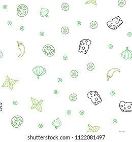 Light Green, Yellow vector seamless layout with restaurant food. Beautiful colored illustration with food in doodle style. Template for meal cooking in kitchen.