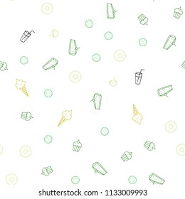 Light Green, Yellow vector seamless background with tasty food. Decorative shining illustration with food on abstract template. Doodle design for your business advert of cafes.