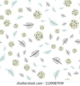 Light Green, Yellow vector seamless doodle background with leaves and flowers. Colorful illustration in doodle style with leaves, flowers. Hand painted design for web, leaflet, textile.