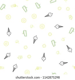 Light Green, Yellow vector seamless layout with restaurant food. Blurred decorative design of snacks in doodle style. Template for meal cooking in kitchen.
