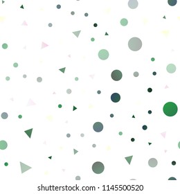Light Green, Yellow vector seamless pattern in polygonal style with circles. Decorative design in abstract style with lines, dots. Pattern for trendy fabric, wallpapers.