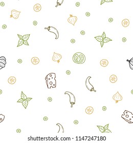 Light Green, Yellow vector seamless texture with delicious snacks. Illustration with set of fresh food in doodle style. Pattern for ads of breakfast, lunch, dinner.