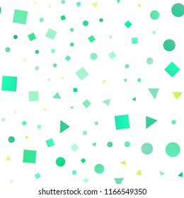 Light Green, Yellow vector seamless pattern in polygonal style with circles. Illustration with set of colorful circles, triangles, squares. Design for textile, fabric, wallpapers.