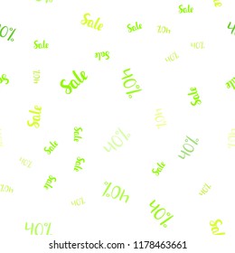 Light Green, Yellow vector seamless pattern with 40 percentage signs. Colored words of sales with gradient on white background. Design for business ads, commercials.