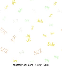 Light Green, Yellow vector seamless pattern with 50 percentage signs. Colorful set of  percentage signs in simple style. Pattern for ads, posters, banners of sales.