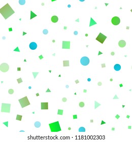 Light Green, Yellow vector seamless layout with circles, lines, rectangles. Illustration with set of colorful circles, triangles, squares. Template for business cards, websites.