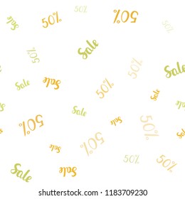 Light Green, Yellow vector seamless texture with selling prices 50 %. Colored words of sales with gradient on white background. Pattern for ads, posters, banners of sales.