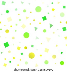 Light Green, Yellow vector seamless cover in polygonal style with circles. Glitter abstract illustration with spheres, squares, lines. Pattern for design of window blinds, curtains.