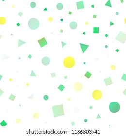 Light Green, Yellow vector seamless backdrop with lines, circles, rhombus. Abstract illustration with colorful dots, lines, cubes. Pattern for design of fabric, wallpapers.