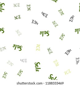 Light Green, Yellow vector seamless pattern with 30, 40, 50 percentage signs. Illustration with signs of sales on abstract template. Backdrop for mega promotions, discounts.