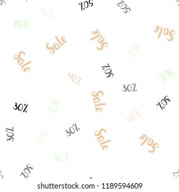 Light Green, Yellow vector seamless background with 30, 40, 50 % signs of sales. Colored words of sales with gradient on white background. Pattern for ads, posters, banners of sales.