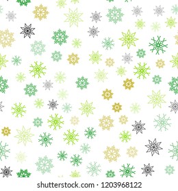 Light Green, Yellow vector seamless cover with beautiful snowflakes. Modern geometrical abstract illustration with crystals of ice. Template for business cards, websites.
