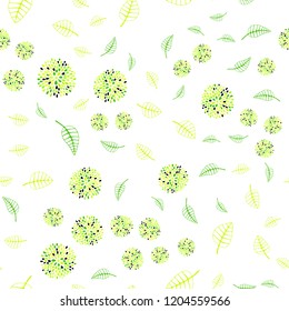 Light Green, Yellow vector seamless doodle pattern with leaves and flowers. Sketchy doodles on white background. Pattern for wallpapers and coloring books.