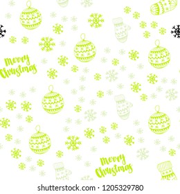 Light Green, Yellow vector seamless template with ice snowflakes, balls, socks, mittens. Shining colorful illustration in christmas style. Pattern for design of fabric, wallpapers.