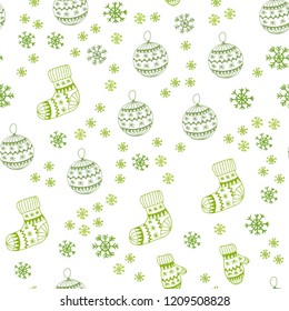 Light Green, Yellow vector seamless layout with bright snowflakes, balls, socks, mittens. Shining colorful illustration in christmas style. Design for wallpaper, fabric makers.