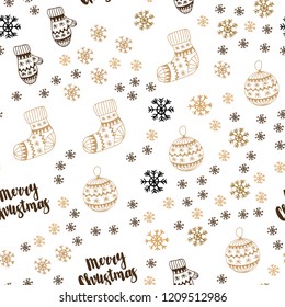 Light Green, Yellow vector seamless background with xmas snowflakes, balls, socks, mittens. Colorful decorative design in xmas style. Template for business cards, websites.