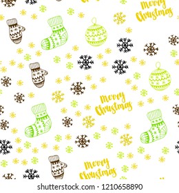 Light Green, Yellow vector seamless layout with bright snowflakes, balls, socks, mittens. Modern geometric abstract illustration. Design for textile, fabric, wallpapers.