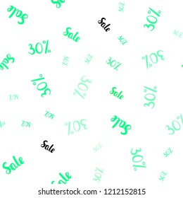 Light Green, Yellow vector seamless texture with selling prices 30%. Gradient illustration with discount signs on white backdrop. Pattern for ads, posters, banners of sales.