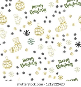 Light Green, Yellow vector seamless pattern with christmas snowflakes, balls, socks, mittens. Glitter abstract illustration with gradient. Pattern for design of fabric, wallpapers.