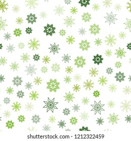 Light Green, Yellow vector seamless cover with beautiful snowflakes. Decorative shining illustration with snow on abstract template. Trendy design for wallpaper, fabric makers.