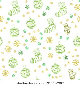 Light Green, Yellow vector seamless layout with bright snowflakes, balls, socks, mittens. Glitter abstract illustration with gradient. Pattern for design of fabric, wallpapers.