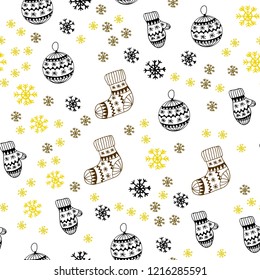 Light Green, Yellow vector seamless layout with bright snowflakes, balls, socks, mittens. Glitter abstract illustration with gradient. Template for business cards, websites.