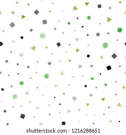 Light Green, Yellow vector seamless cover with polygonal style with circles. Illustration with set of colorful circles, triangles, squares. Pattern for design of fabric, wallpapers.