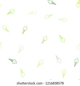 Light Green, Yellow vector seamless pattern with cold ice-cream. Illustration with set of delicious sweet ice-cream cones. Doodle design for your business advert of cafes.