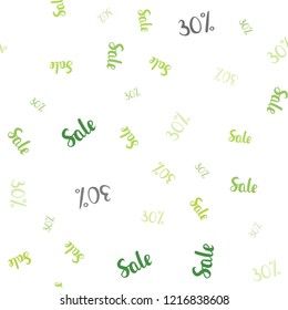 Light Green, Yellow vector seamless template with 30% selling. Colored words of sales with gradient on white background. Backdrop for super sales on Black Friday.