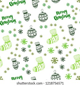 Light Green, Yellow vector seamless background with xmas snowflakes, balls, socks, mittens. Glitter abstract illustration with gradient. Pattern for trendy fabric, wallpapers.